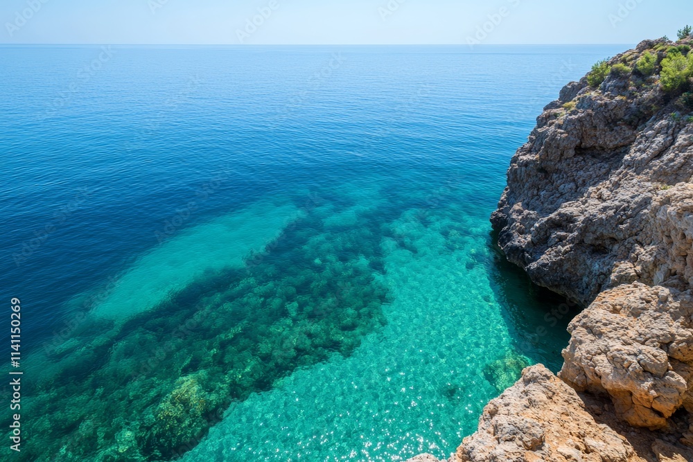 A rocky shoreline with a clear blue ocean A rocky shoreline with a clear blue ocean
