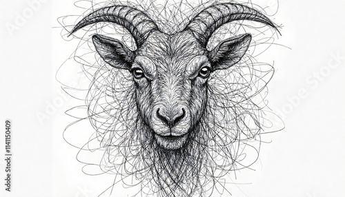 A black and white pencil sketch of a majestic goat face. White background photo