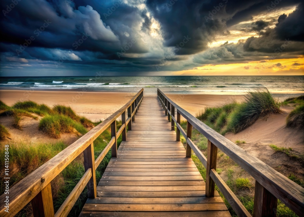 Fototapeta premium Dramatic coastal photography: high-resolution images of a moody beach walkway and its accessible path.