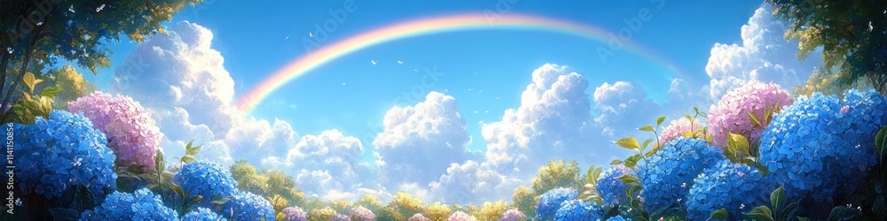 Rainbow Over Blue Sky and Blooming Hydrangeas Landscape Rainbow Over Blue Sky and Blooming Hydrangeas Landscape