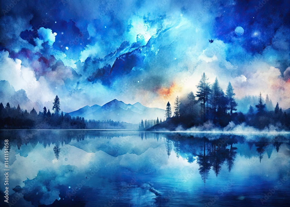 Dramatic dark blue and white watercolor landscape, double exposed, ideal photography background. Dramatic dark blue and white watercolor landscape, double exposed, ideal photography background.