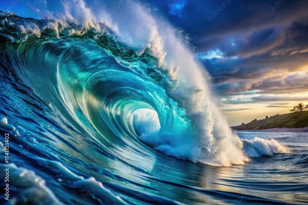 Fototapeta premium Dramatic high-resolution image: a dark blue ocean wave photographed up close, revealing intricate details.