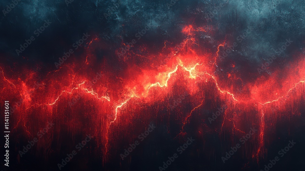 Fiery red lightning strikes across dark, stormy cloudscape. Fiery red lightning strikes across dark, stormy cloudscape.