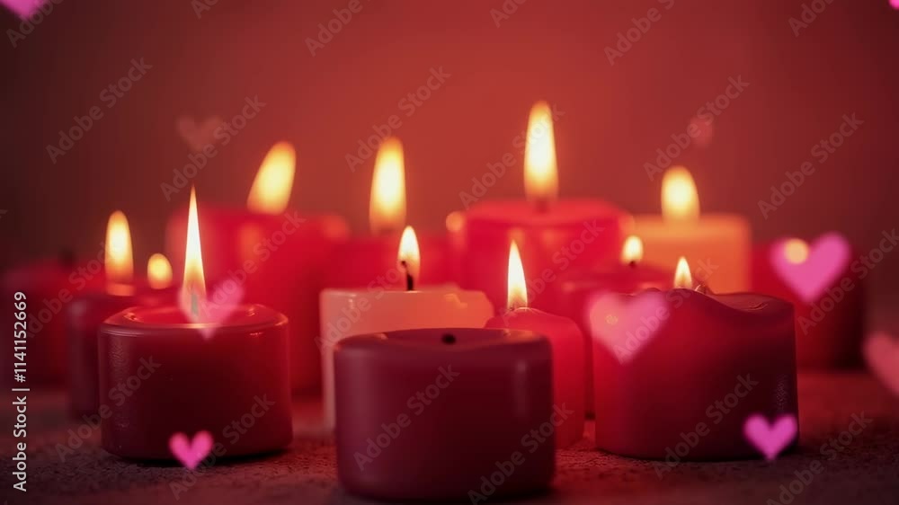 Romantic Scene with Red Candles and Glowing Flames, Soft Light and Cozy Atmosphere for Valentine's Day Concept Romantic Scene with Red Candles and Glowing Flames, Soft Light and Cozy Atmosphere for Valentine's Day Concept
