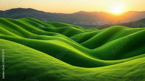 A lush green hillside contrasting with a distant urban skyline, portraying the balance of natural landscapes and urban environments.