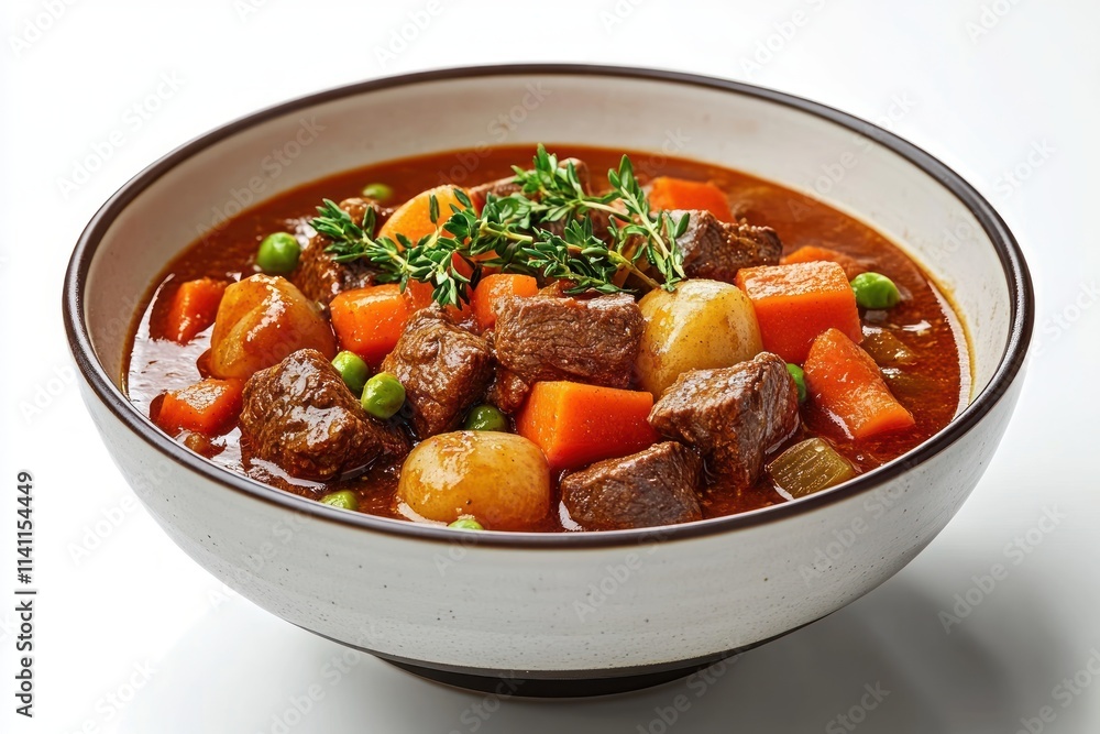vibrant beef stew with vegetables in modern bowl isolated on white background vibrant beef stew with vegetables in modern bowl isolated on white background