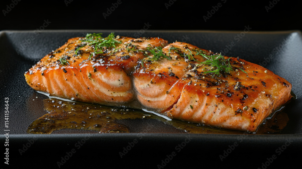 Delicious salmon fillet cooked to perfection, garnished with herbs and served on sleek black plate, showcasing its rich color and texture Delicious salmon fillet cooked to perfection, garnished with herbs and served on sleek black plate, showcasing its rich color and texture