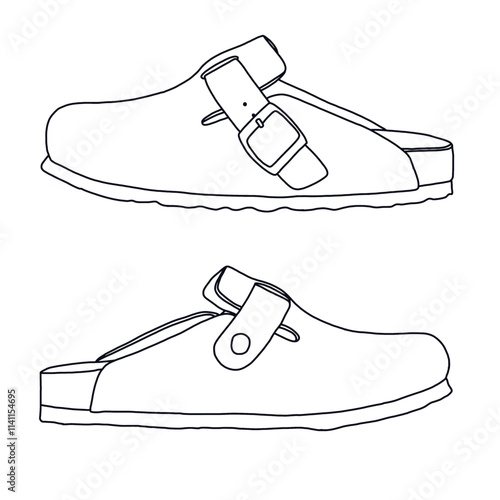 Women's Mules Arch Support Potato Shoes with Comfort Cork Footbed Line art, Technical sketch hand drawing outline vector doodle side view isolated on white background for coloring page