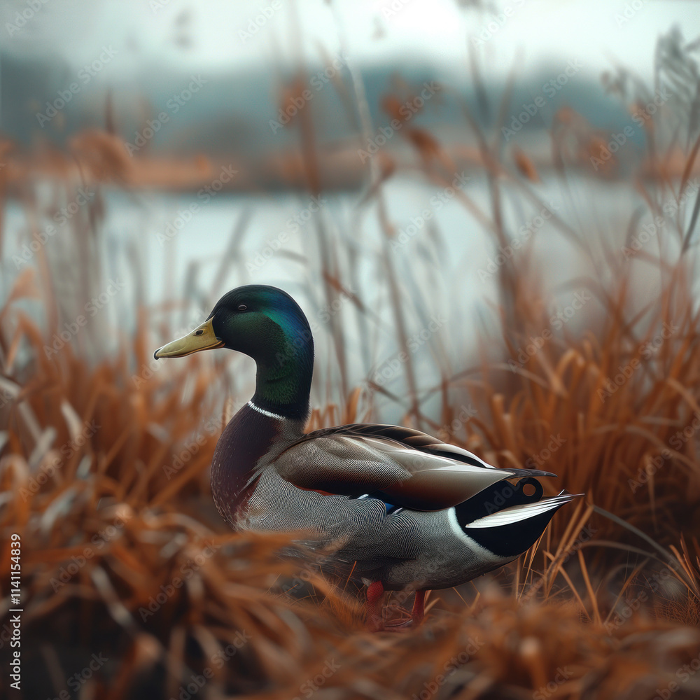 Fototapeta premium mallard (male duck) in natural habitat. A duck sits among dry reed thickets on the shore of a pond 