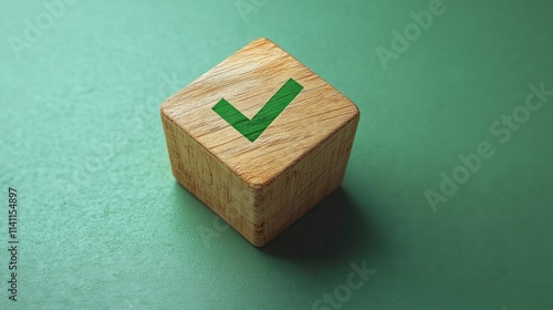 Quality Control Certification Concept Wooden Block Checkmark ISO Environmental Management Systems