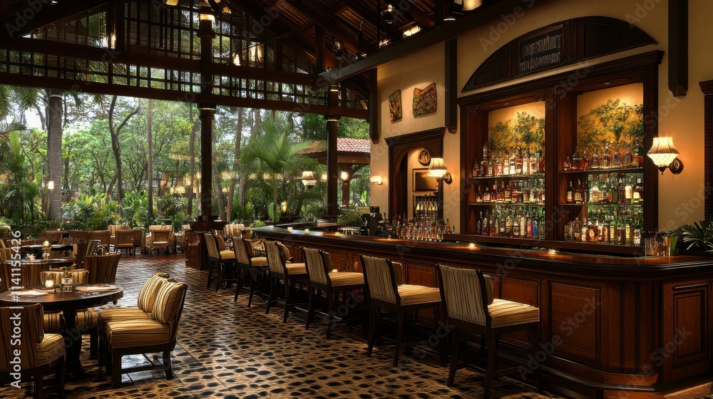Detailed 3D rendering of a stylish lounge with cushioned chairs, a streamlined bar, and ambient lighting, portraying a serene, modern atmosphere. Detailed 3D rendering of a stylish lounge with cushioned chairs, a streamlined bar, and ambient lighting, portraying a serene, modern atmosphere.