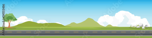 Horizontal or landscape of smooth asphalt road. On the wide grassland. There were grasses and tree and rocks growing on both sides. Softe color of mountain and blue sky with white clouds.