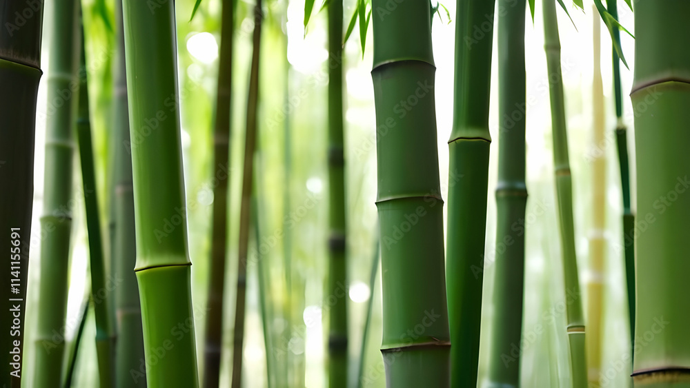 Fototapeta premium Lush green bamboo trees in a serene forest setting, with a softly blurred background.