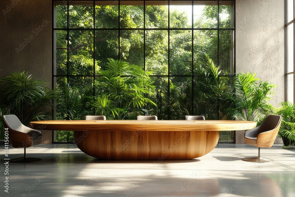 Modern Conference Room with Wooden Oval Table Ergonomic Chairs and City View Modern Conference Room with Wooden Oval Table Ergonomic Chairs and City View