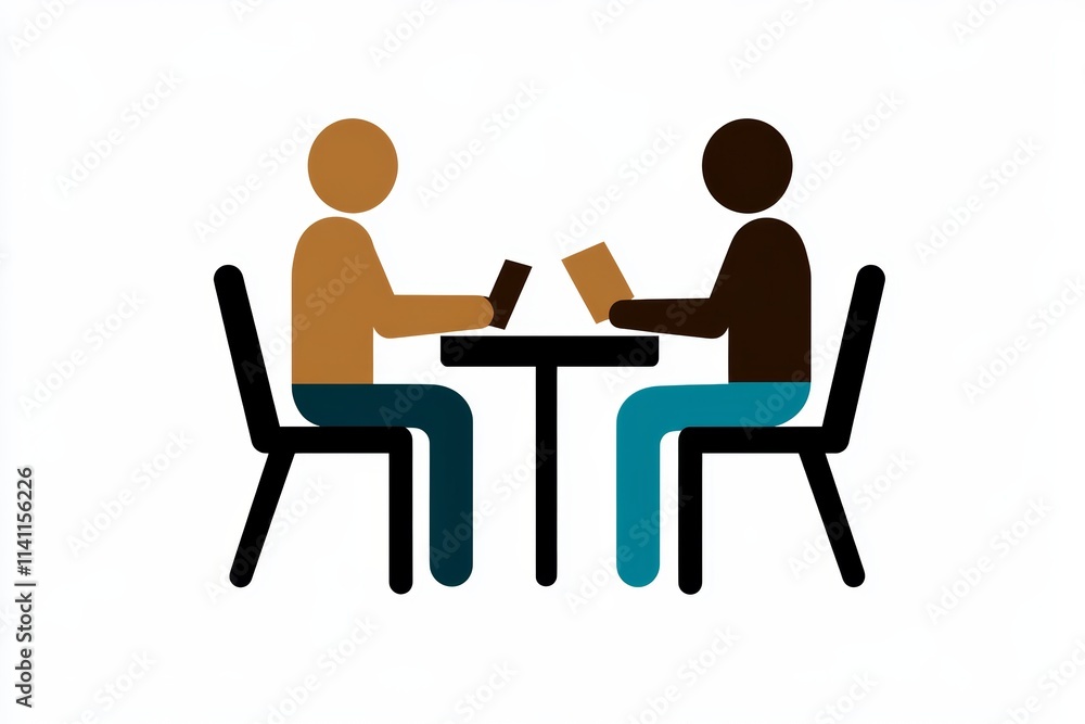 Two diverse adults discussing work at table with laptops Two diverse adults discussing work at table with laptops