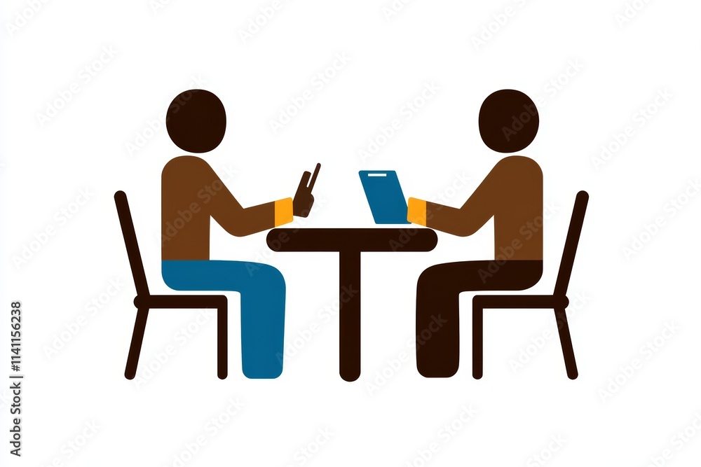Two figures communicating at a table with devices Two figures communicating at a table with devices