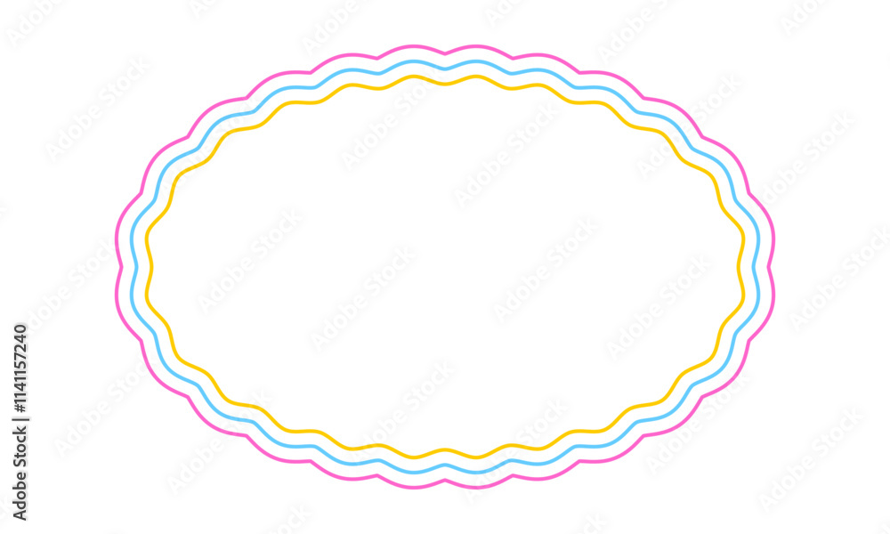 Colorful oval frame with wavy edges. Geometric shape with scallop borders. Blank text box, tag or label isolated on white background. Vector illustration. Colorful oval frame with wavy edges. Geometric shape with scallop borders. Blank text box, tag or label isolated on white background. Vector illustration.