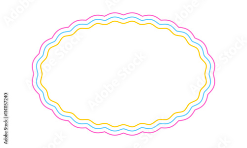 Colorful oval frame with wavy edges. Geometric shape with scallop borders. Blank text box, tag or label isolated on white background. Vector illustration.