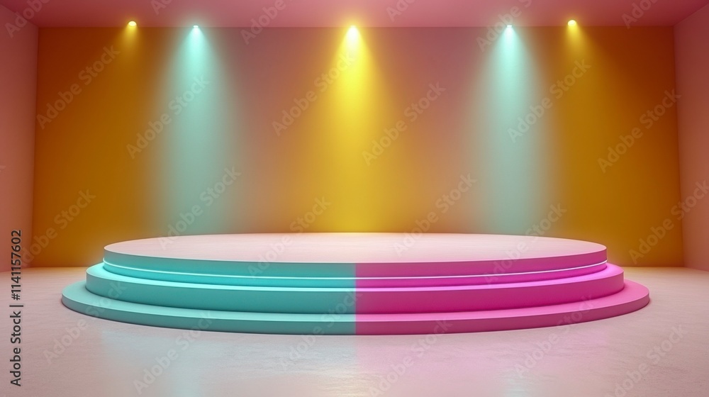 A smooth, cylindrical podium design with bright, clear colors like coral, teal, and mustard, on a plain, minimalist light backdrop. A smooth, cylindrical podium design with bright, clear colors like coral, teal, and mustard, on a plain, minimalist light backdrop.