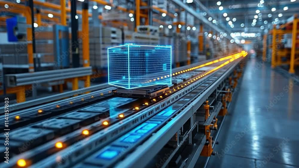Automated conveyor system transporting digitalized cargo in a modern warehouse facility Automated conveyor system transporting digitalized cargo in a modern warehouse facility