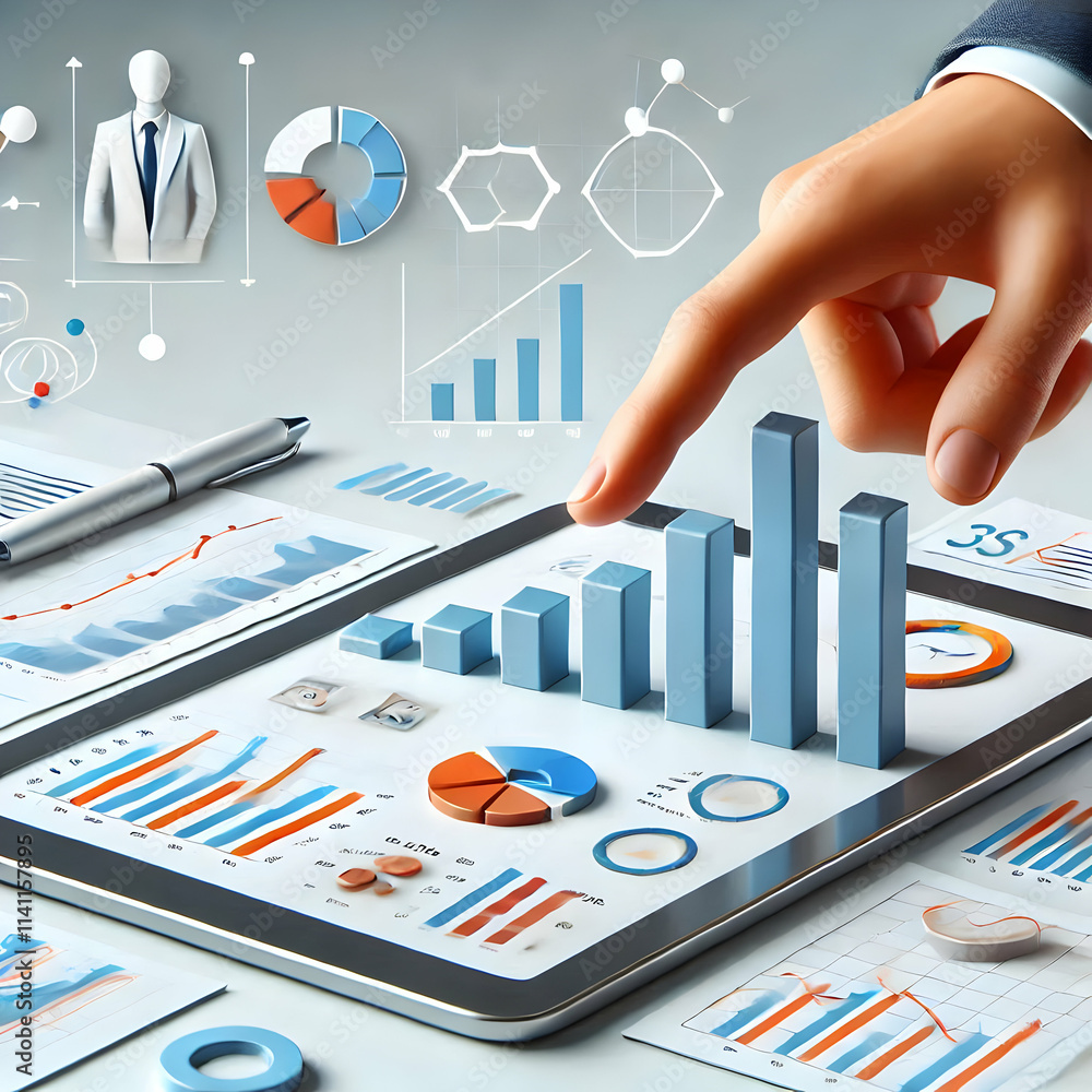 3D Close up of a managers hand pointing at growth charts on a tablet concept as A close up shot of a managers hand pointing at growth charts on a tablet emphasizing data driven decision making for bus 3D Close up of a managers hand pointing at growth charts on a tablet concept as A close up shot of a managers hand pointing at growth charts on a tablet emphasizing data driven decision making for bus
