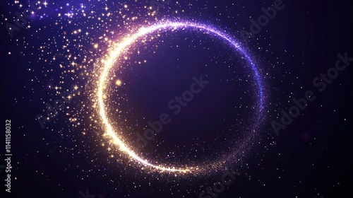 Luxury dark purple background with circle glowing blue and golden line lighting effect sparkle.