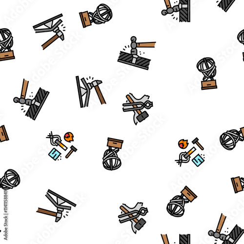 blacksmith forge anvil hammer vector seamless pattern thin line illustration