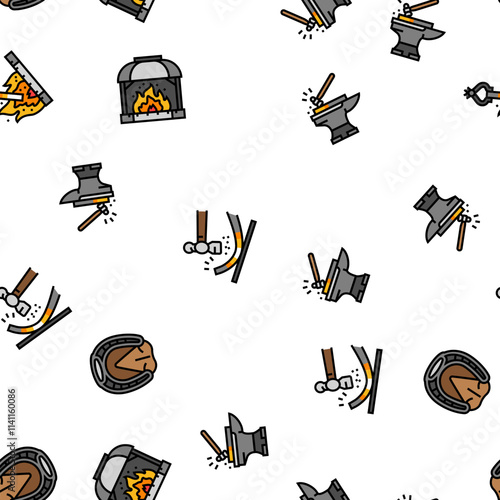 blacksmith forge anvil hammer vector seamless pattern thin line illustration