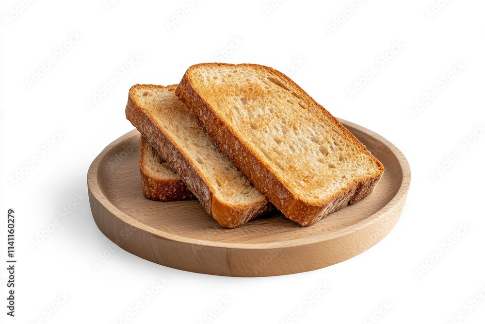 Three slices of toasted whole wheat bread on a wooden plate Three slices of toasted whole wheat bread on a wooden plate