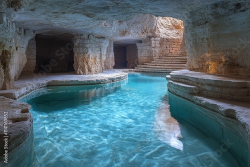 A serene subterranean lake with tranquil still water and eerie silence in a dark underground cave photo