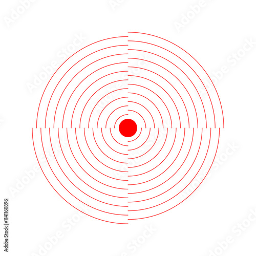 Target or pain localization icon. Ache or inflammation symbol. Pulse, radiation or vibration sign. Coverage or damage, radio or sonar signal pictogram. Vector illustration.