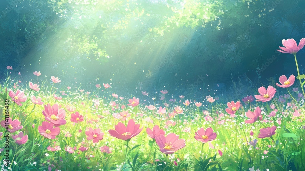 Serene Flower Meadow Under Soft Sunlight with Lush Green Background Serene Flower Meadow Under Soft Sunlight with Lush Green Background