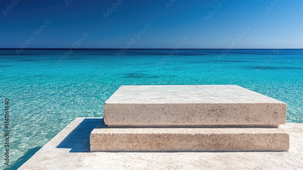 Fototapeta premium Serene Coastal View with Minimalist Steps Leading into Clear Water