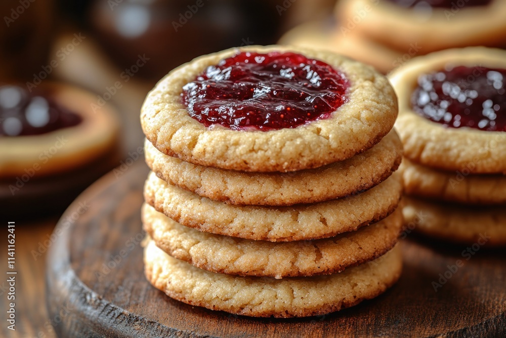 Peanut Butter and Jelly Thumbprint Cookies with Gooey Jelly Center Freshly Baked Peanut Butter and Jelly Thumbprint Cookies with Gooey Jelly Center Freshly Baked