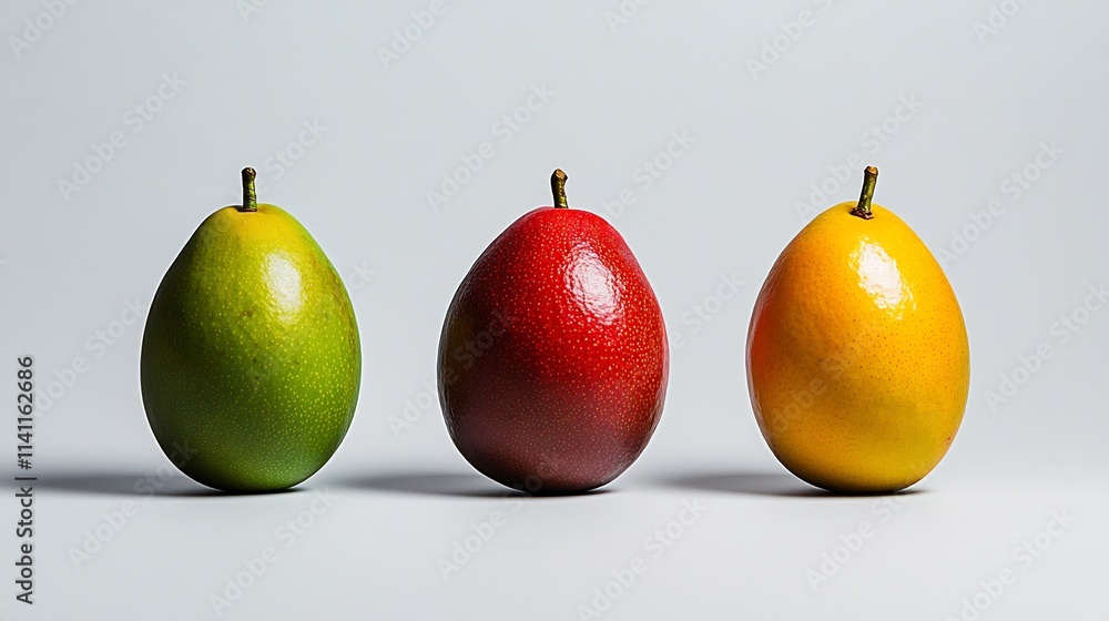 This captivating image showcases three pears, each a distinct color: green, red, and yellow. Their smooth skin reflects light, creating a visually appealing contrast against the neutral background. This captivating image showcases three pears, each a distinct color: green, red, and yellow. Their smooth skin reflects light, creating a visually appealing contrast against the neutral background.