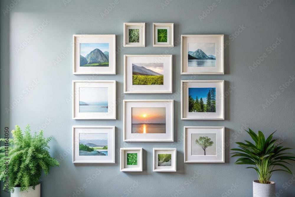 Empty gray frames form a simplistic, modern gallery wall, perfect for a neutral home interior. Empty gray frames form a simplistic, modern gallery wall, perfect for a neutral home interior.