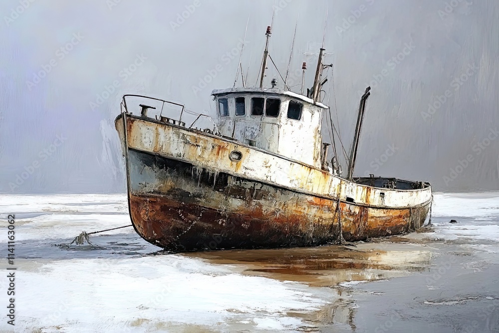 Rusty Old Fishing Boat Frozen In Winter Rusty Old Fishing Boat Frozen In Winter