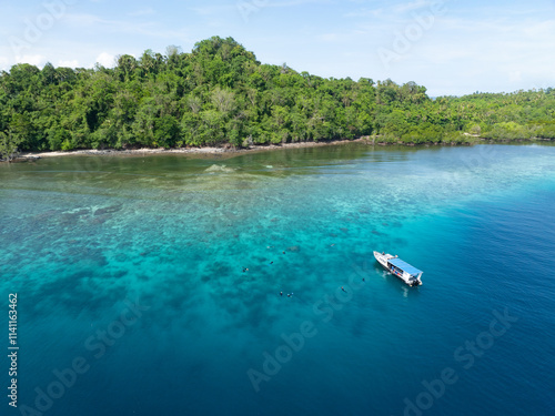 Snorkelers explore a coral reef fringing the tropical island of Bangka, just north of Sulawesi in Indonesia. This area is part of the Coral Triangle and harbors very high marine biodiversity. photo