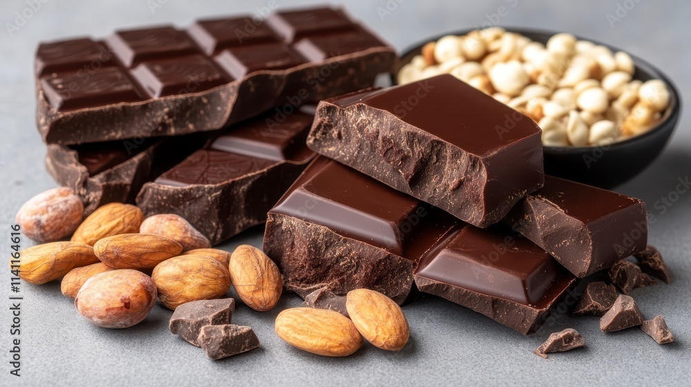 A tempting assortment of dark chocolate bars, almonds, and popcorn, presenting a delightful treat for chocolate lovers. A tempting assortment of dark chocolate bars, almonds, and popcorn, presenting a delightful treat for chocolate lovers.