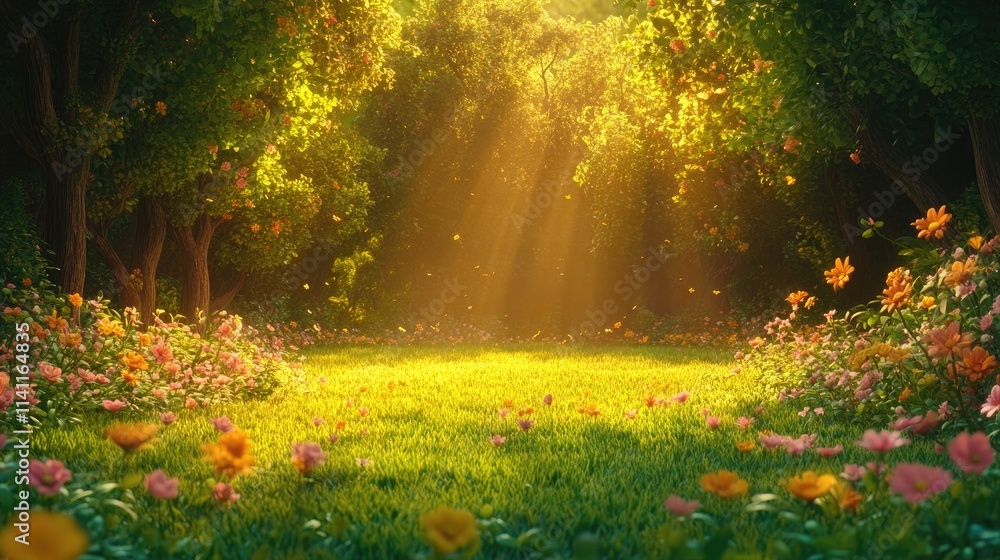 Tranquil Garden with Sunlight and Colorful Flowers at Dawn Tranquil Garden with Sunlight and Colorful Flowers at Dawn