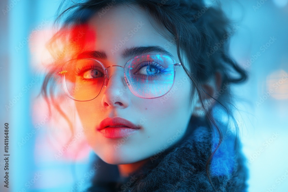 Digital Portrait of a Woman with Glitch Effects in Blue and Red Background Exploring Cyber Identity Digital Portrait of a Woman with Glitch Effects in Blue and Red Background Exploring Cyber Identity