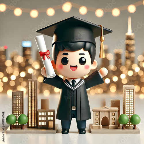 3D Graduate holding diploma with reality city skyline background copy space on left concept as A graduate proudly holding their diploma with a reality city skyline in the background symbolizing ambiti photo