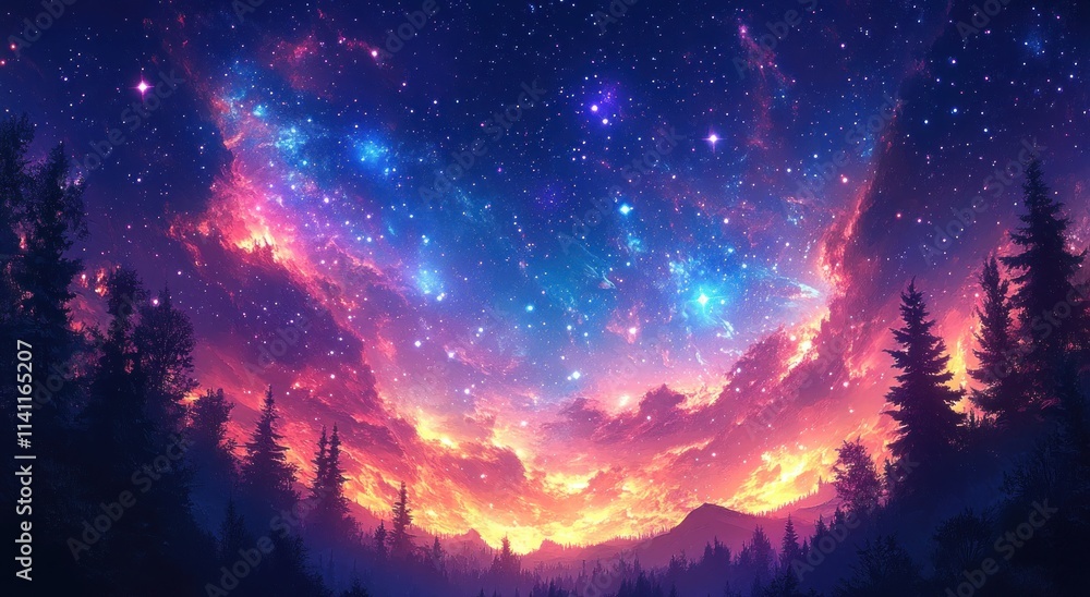 Naklejka premium Galactic Night Sky with Swirling Galaxies and Illuminated Forest Silhouette