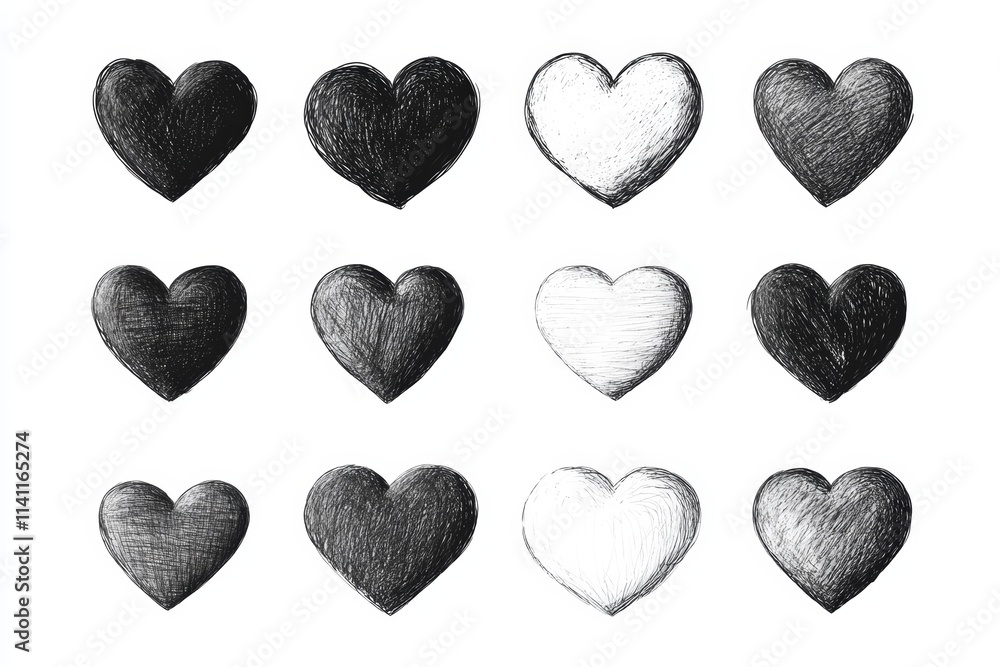 Obraz premium Set of twelve hand-drawn black and white heart illustrations