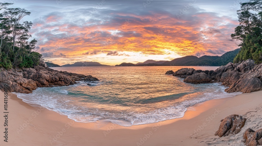 Fototapeta premium Serene Sunset Over Tranquil Beach and Rocky Seashore Landscape