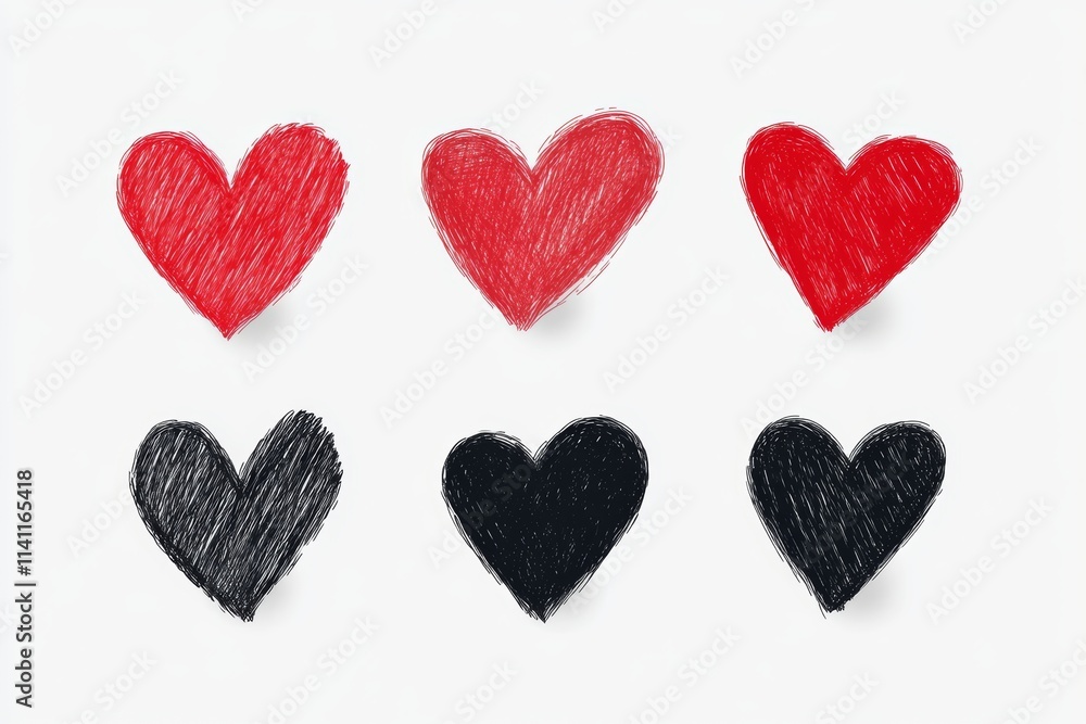 Fototapeta premium Hand-drawn red and black hearts pattern on white background
