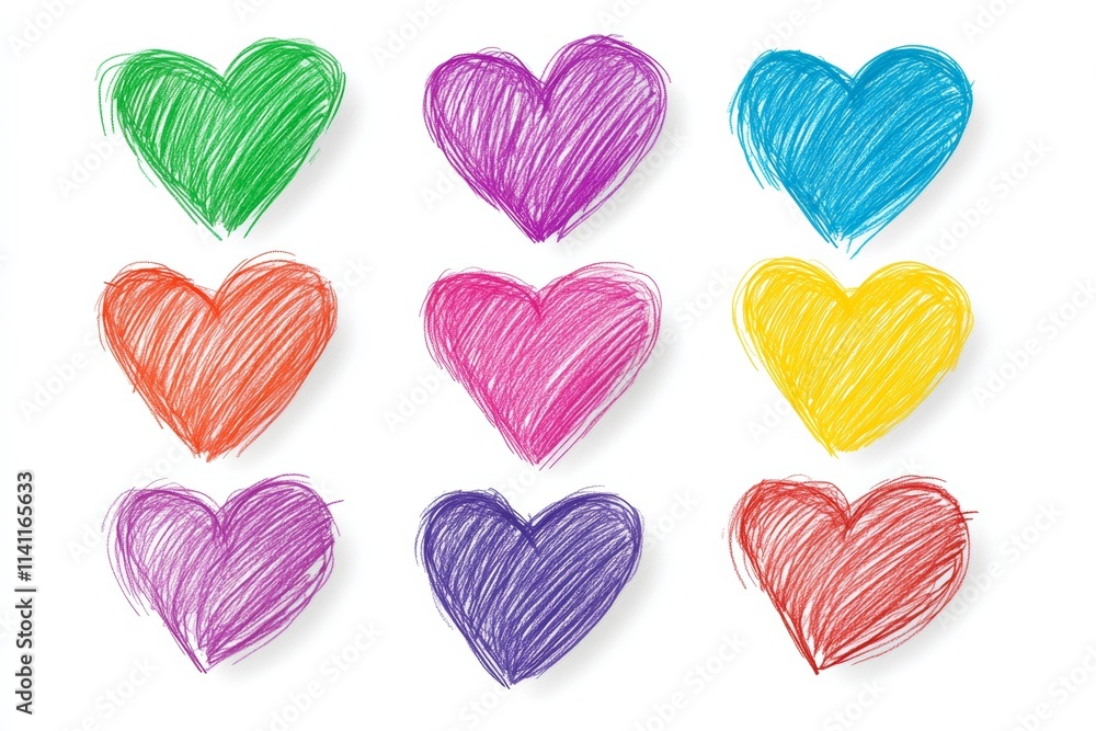 Colorful hand-drawn hearts in nine varieties: green, purple, blue, orange, pink, yellow, red Colorful hand-drawn hearts in nine varieties: green, purple, blue, orange, pink, yellow, red
