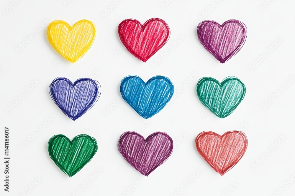 Colorful hand-drawn heart sketches on white background Colorful hand-drawn heart sketches on white background