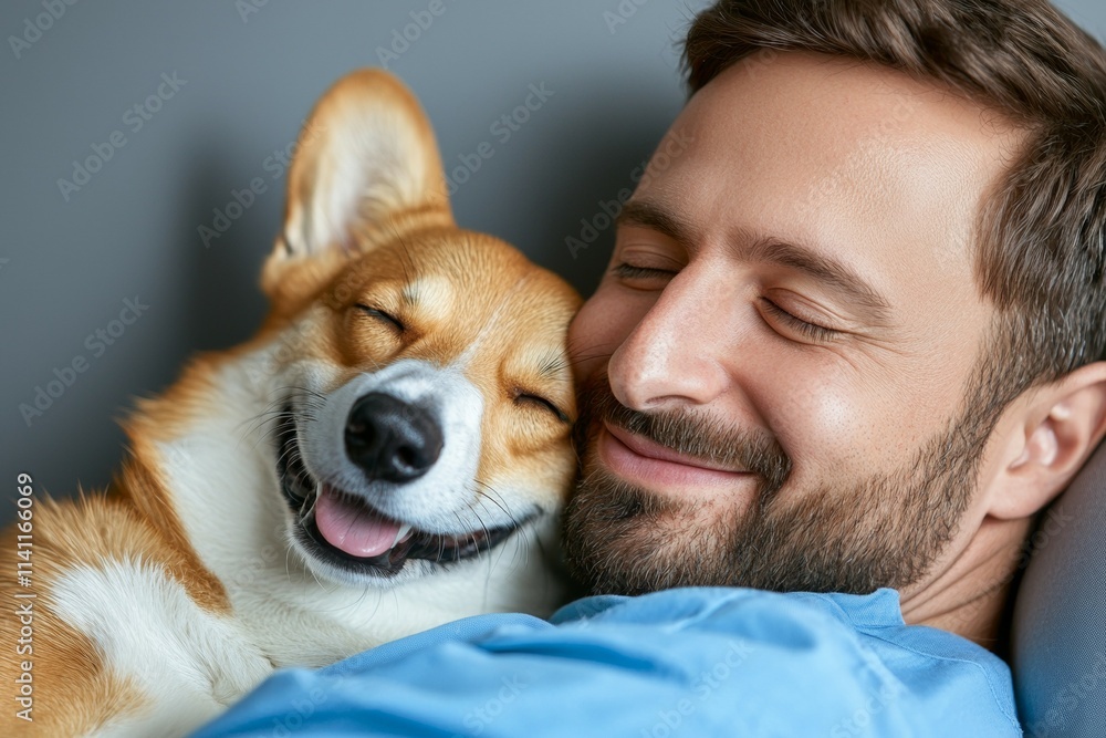 A man is holding a dog and smiling A man is holding a dog and smiling