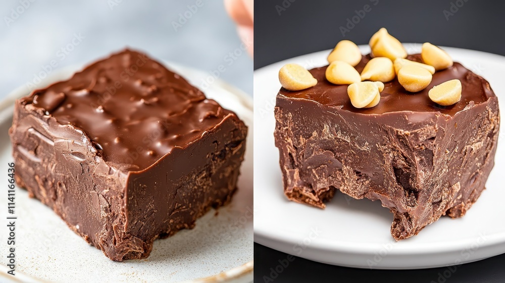 Two decadent chocolate fudge pieces, one topped with nuts, showcasing rich textures and a glossy finish. Two decadent chocolate fudge pieces, one topped with nuts, showcasing rich textures and a glossy finish.